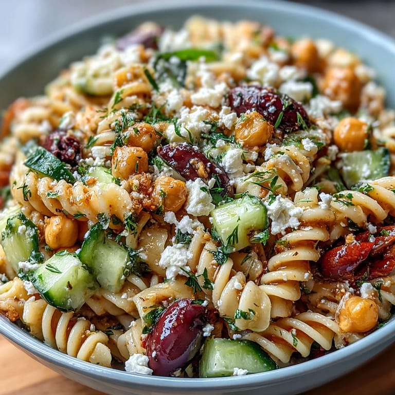 Vibrant Mediterranean Chickpea Pasta Salad with Cucumber and Olives, served family-style with fresh parsley and feta for a refreshing, protein-packed meal.