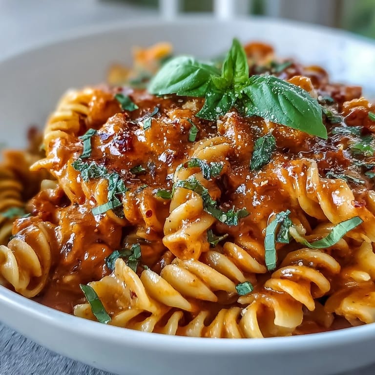Wholesome vegan pasta dish featuring a velvety red pepper and lentil sauce, garnished with fresh basil for a pop of color.
