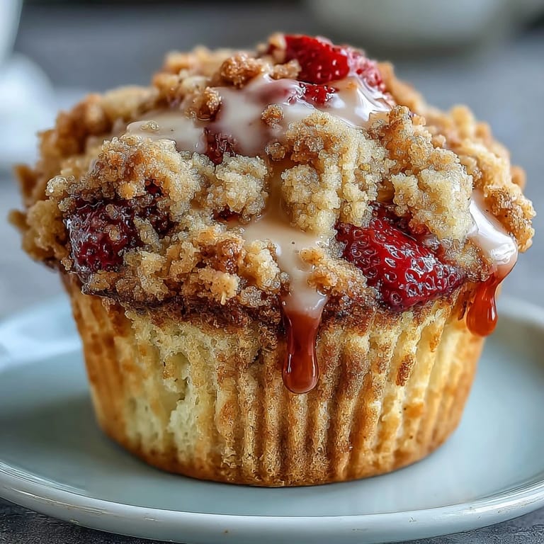 Homemade strawberry sourdough muffins topped with a sweet, crumbly streusel, showcasing vibrant red berries in every bite, ideal for brunch.