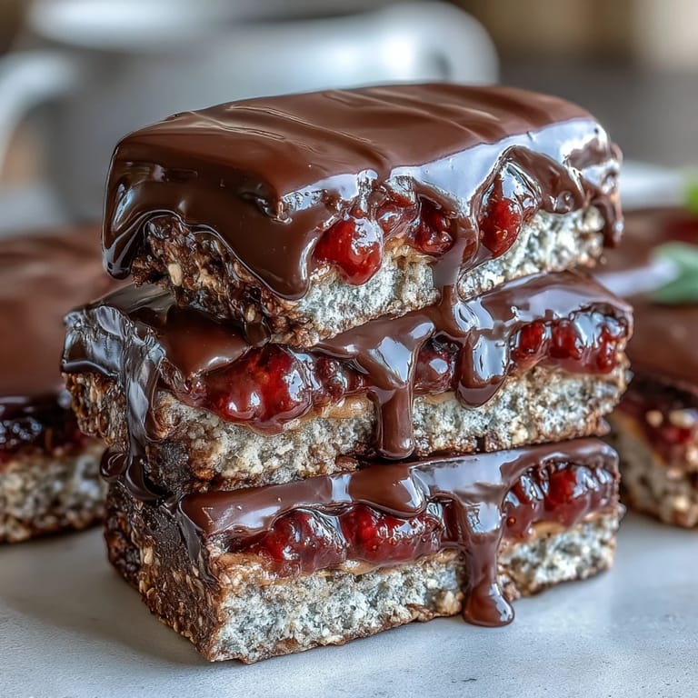 No-bake chocolate-dipped strawberry oat bars featuring a jammy center and crunchy oat base, ideal for on-the-go treats.