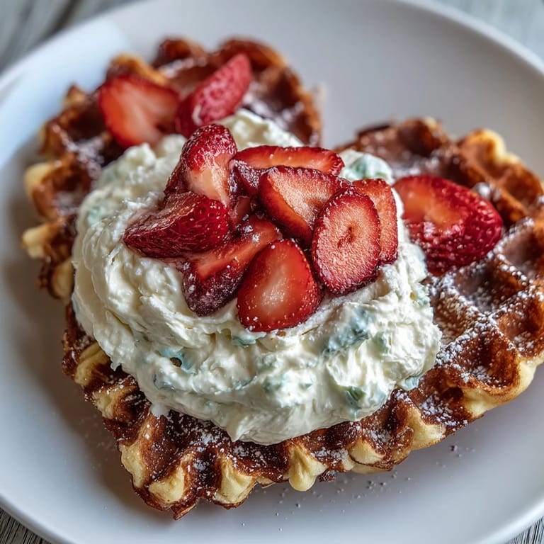 Crispy heart-shaped waffles paired with smooth cottage cheese whip and macerated strawberries for a delightful, protein-packed breakfast or brunch.