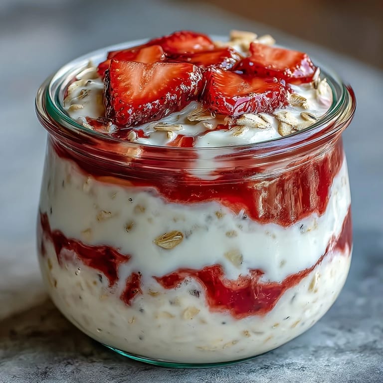 Fluffy Yogurt Overnight Oats with Strawberry Swirl: Layered oats with Greek yogurt, chia seeds, and a sweet strawberry compote, chilled overnight.