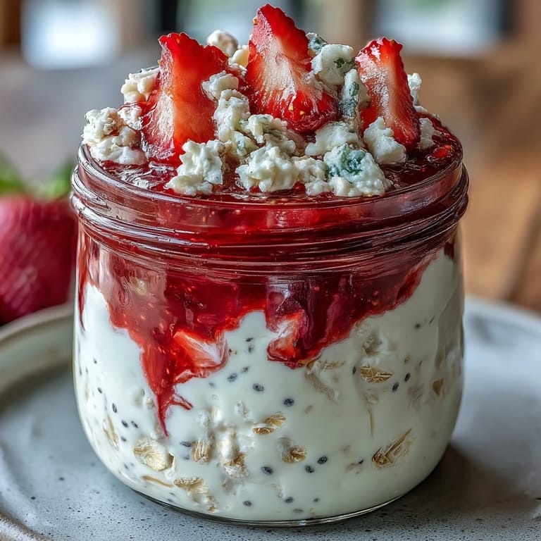 Fluffy Yogurt Overnight Oats with Strawberry Swirl: Nutritious, easy-to-make oats topped with fresh strawberries and a luscious berry swirl for a perfect morning.