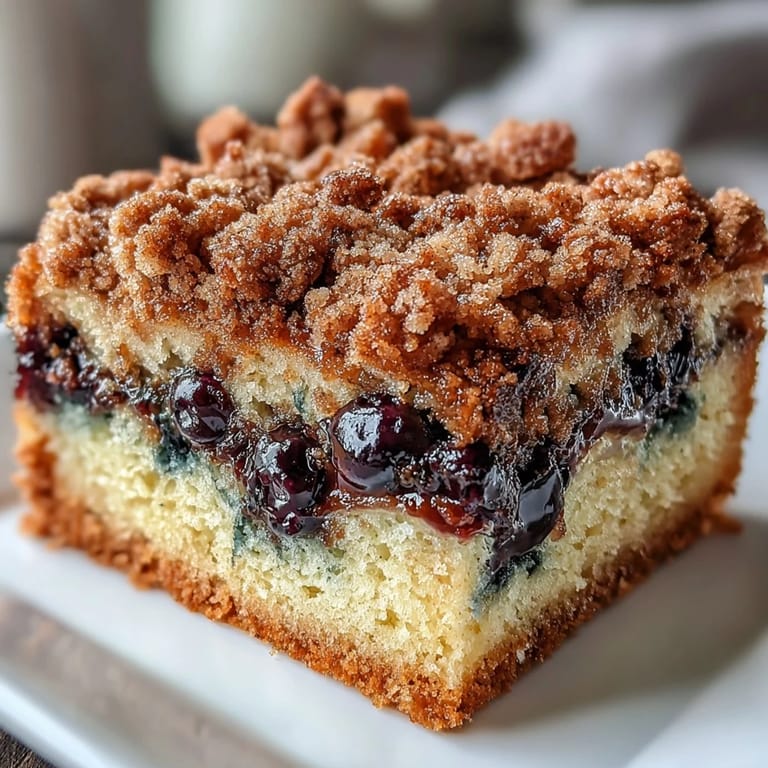Golden coffee cake squares bursting with fresh blueberries, bright lemon flavor, and tender sourdough crumb, topped with crunchy cinnamon streusel.