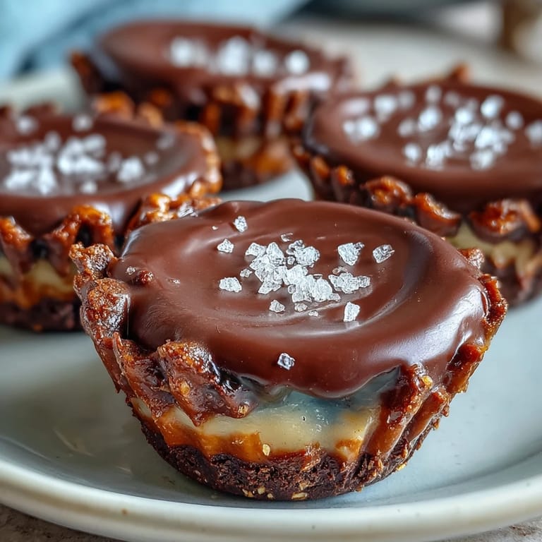 Rich and creamy peanut butter cups featuring a crunchy pretzel crust and decadent chocolate coating.  