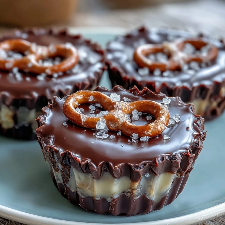Sweet and salty homemade peanut butter cups with pretzels, perfect for dessert lovers seeking indulgence.