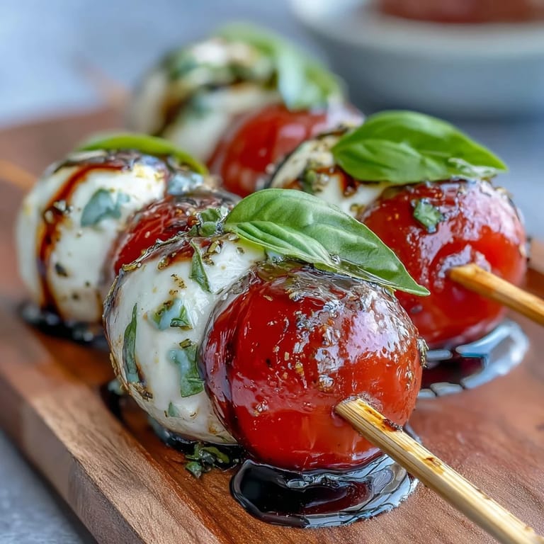 Picnic Caprese Skewers with Balsamic Drizzle: Vibrant Italian skewers featuring ripe cherry tomatoes, soft mozzarella, and fresh basil, enhanced by a rich balsamic glaze for a delightful picnic treat.