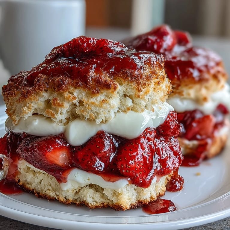 Fluffy homemade scones topped with juicy strawberries and vanilla-infused Greek yogurt cream for a fresh, summery shortcake treat.  