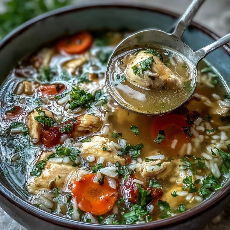 Wholesome one-pot chicken and rice soup, featuring juicy chicken, aromatic vegetables, and fluffy rice simmered to perfection in a nourishing broth.