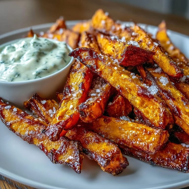 Crispy sweet potato fries seasoned with smoked paprika, paired with zesty homemade garlic aioli for a flavorful snack.