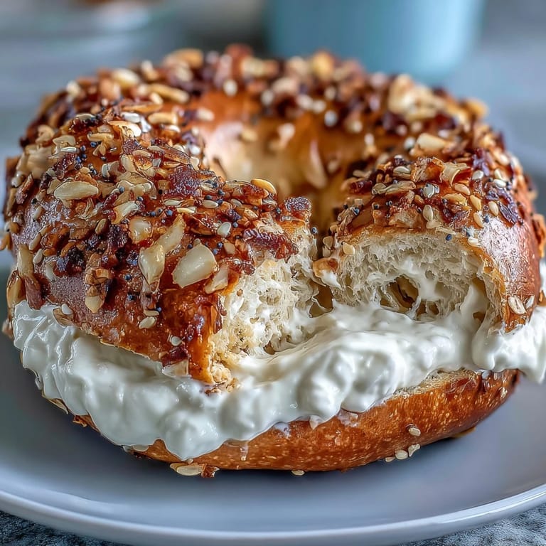 Warm high-protein bagels paired with creamy Greek yogurt dip, bursting with classic everything bagel flavors.  