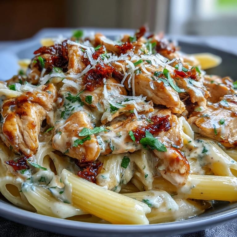 A hearty bowl of Crockpot Mississippi Chicken Pasta featuring creamy pepperoncini-infused sauce over penne, garnished with Parmesan and parsley.
