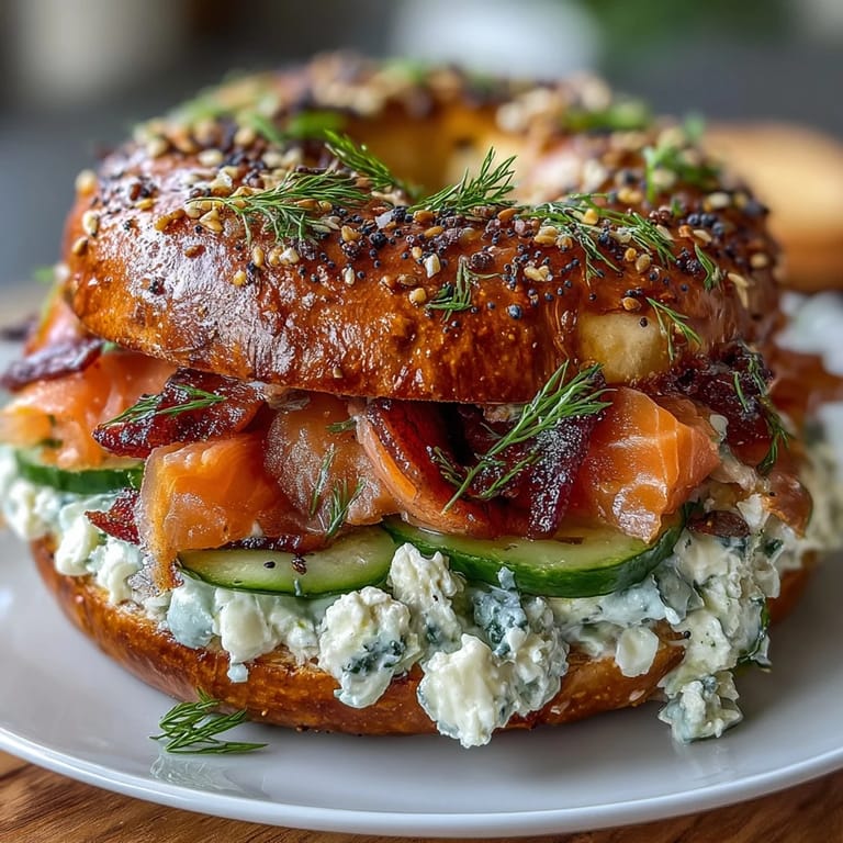 Soft cottage cheese bagels layered with smoked salmon, cream cheese, and a sprinkle of fresh dill.