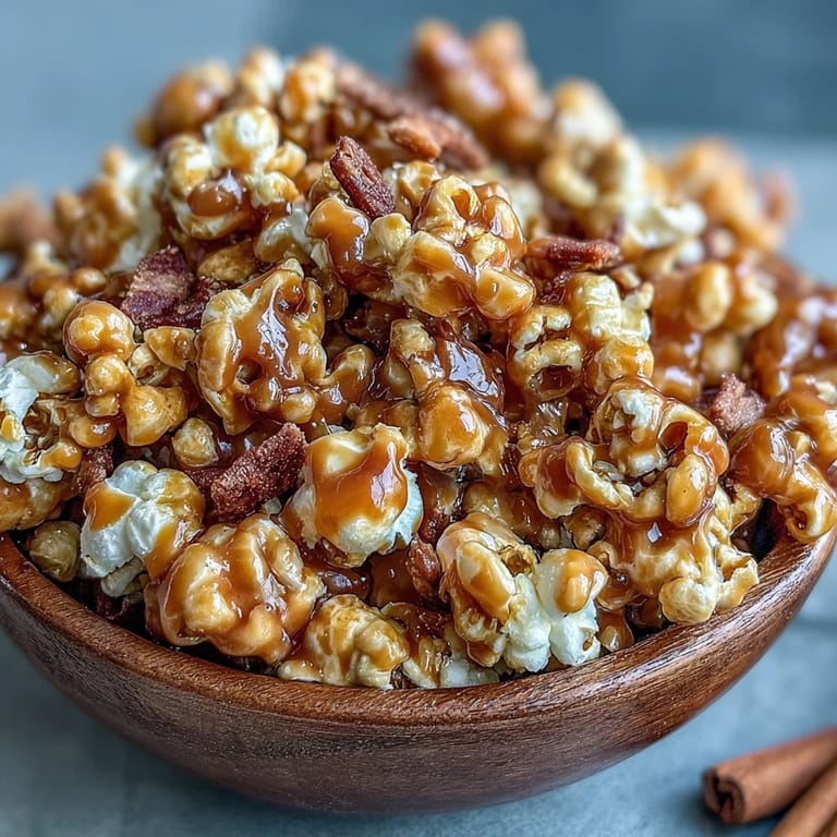 Caramel-coated popcorn mixed with chewy dried apples and candy pieces, offering a delightful sweet and salty treat.