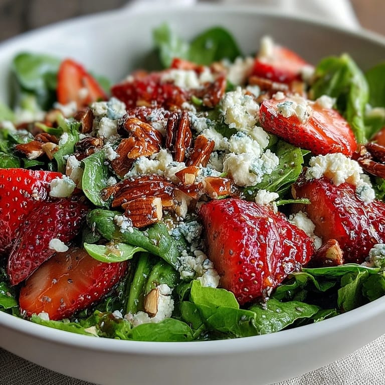 Vibrant spring salad with sweet strawberries, baby spinach, feta, and almonds, drizzled with a homemade poppyseed yogurt dressing.