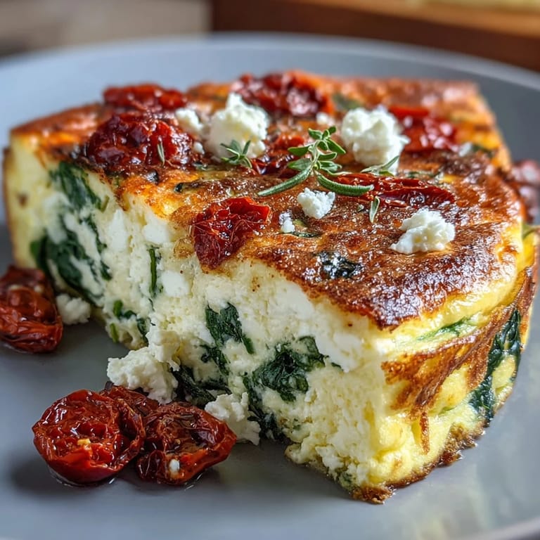 Savory frittata packed with wilted spinach, tangy feta, and sweet sun-dried tomatoes—ideal for a hearty brunch or light dinner.