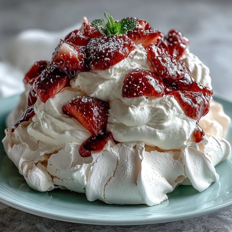 Classic Australian pavlova featuring delicate meringue base, silky whipped cream, and fresh strawberry slices, a crowd-pleasing gluten-free treat.
