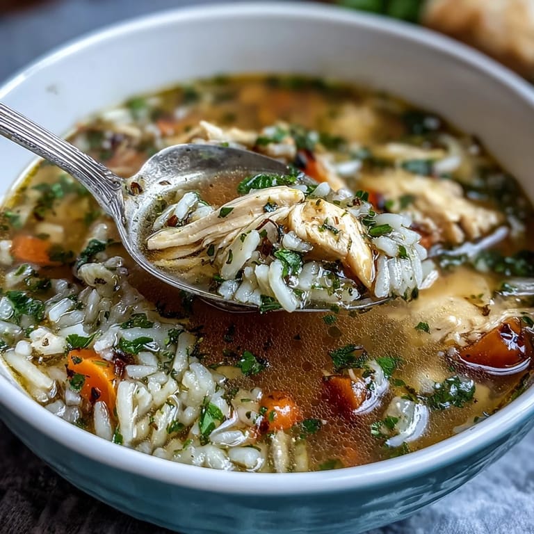 Cozy one-pot chicken and rice soup with juicy chicken pieces, diced carrots, and celery, garnished with parsley and served with lemon wedges.