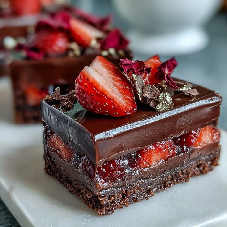 Luxurious no-bake chocolate bark featuring Dubai-inspired layers, fresh strawberries, and rose petals for a stunning dessert centerpiece.