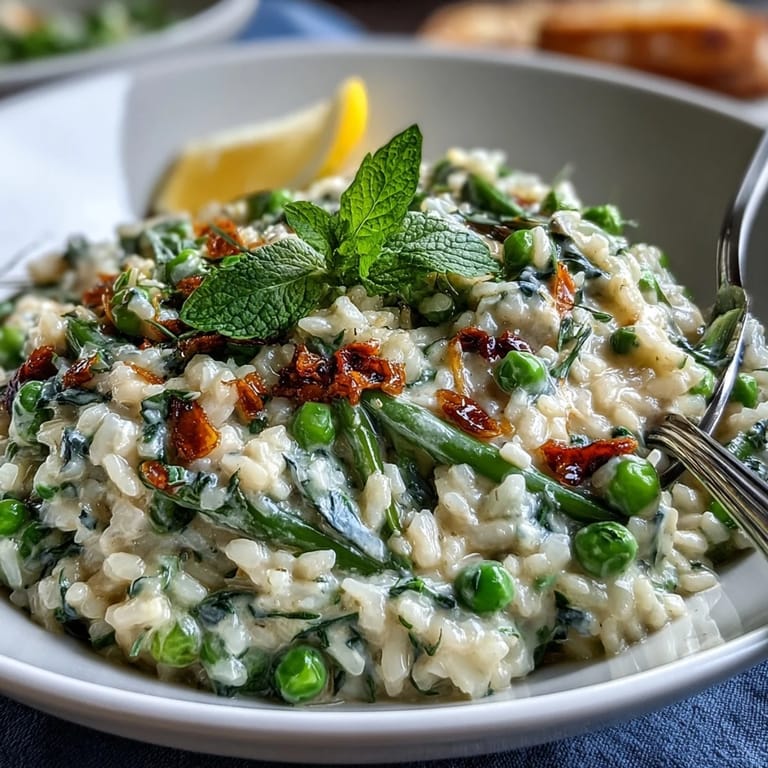 Buttery Arborio rice cooked to al dente perfection, studded with sweet peas and fresh mint, topped with grated Parmesan.