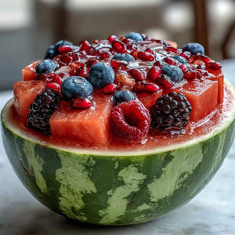 An elegant watermelon fruit bowl brimming with berries, grapes, and pineapple, ready for your next celebration.