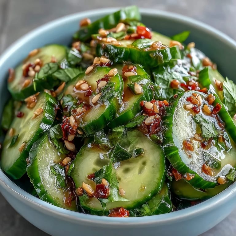 Vibrant cucumber slices tossed in sesame and rice vinegar dressing, garnished with sesame seeds and green onions.