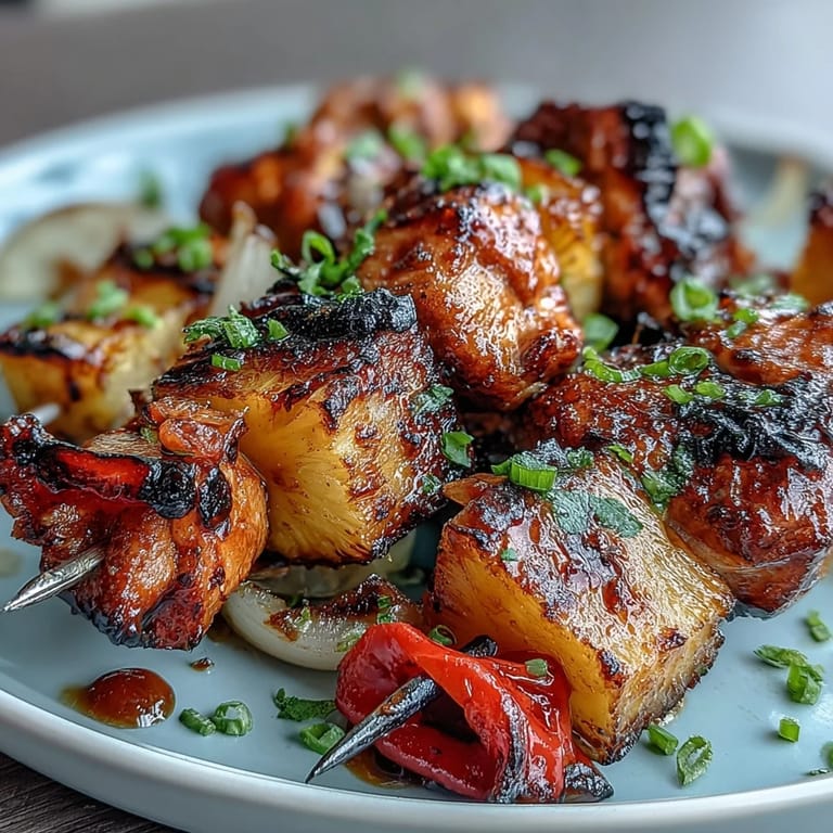 Savory Grilled Pineapple Chicken Skewers with smoky char and tropical glaze, perfect for summer BBQs.