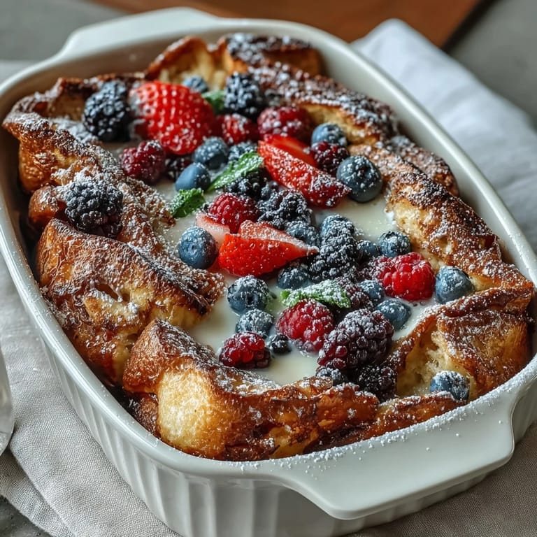 Warm, custard-soaked pancake casserole bursting with fresh berries, baked until golden and ready to serve for a joyful Mothers Day brunch.