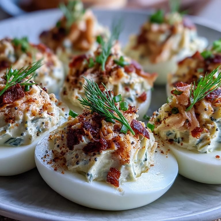 Creamy deviled eggs featuring smoked salmon, Dijon mustard, and a crunchy everything bagel topping for brunch.