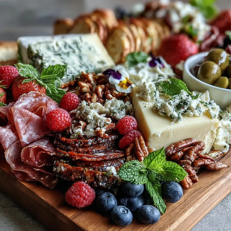 Elegant charcuterie board featuring Spring Charcuterie Board with Edible Flowers and Fruits, artfully arranged with delicate blooms and seasonal produce for visual appeal.