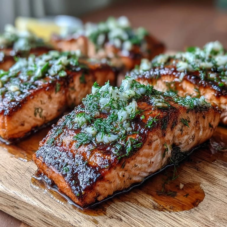 Tender salmon fillets with fresh garlic and dill, grilled on cedar planks for a delicious summer meal.