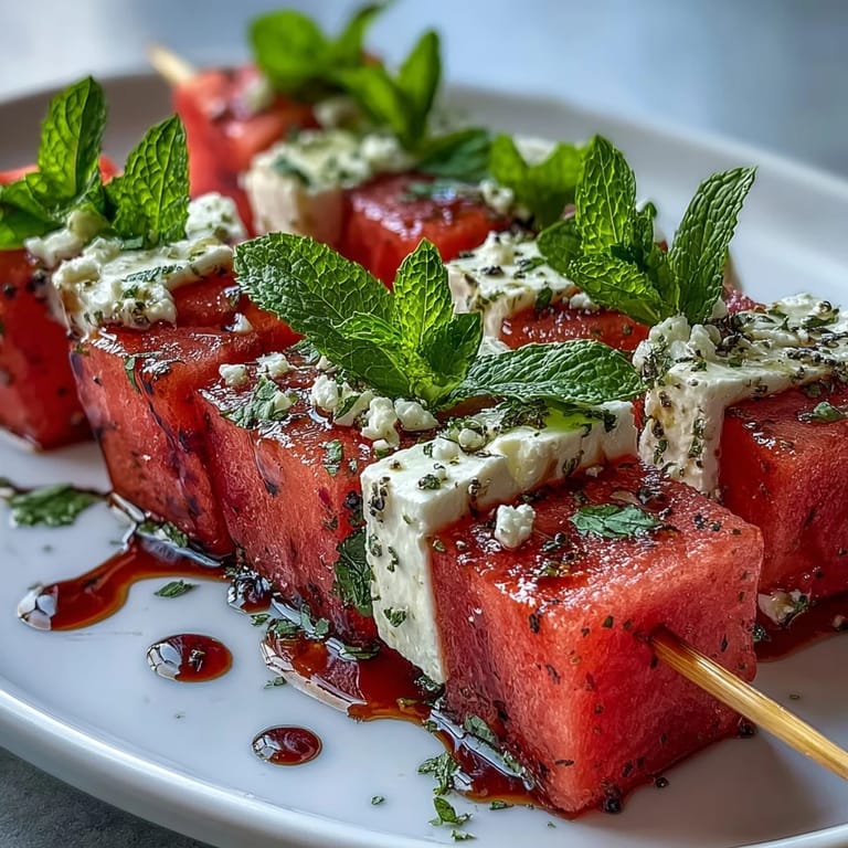 Cool and colorful Watermelon Feta Mint Skewers drizzled with olive oil and balsamic glaze.