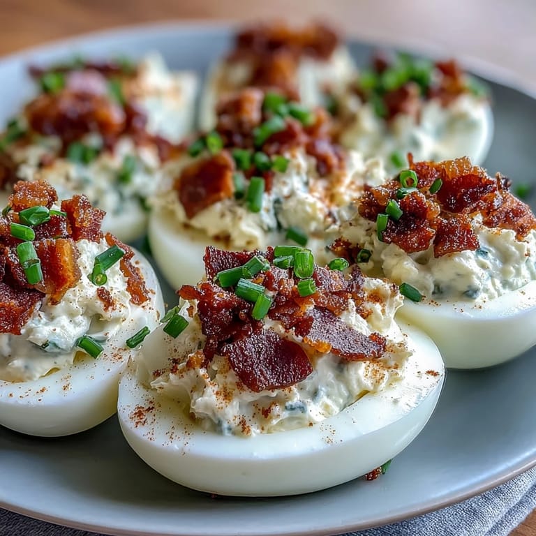 Creamy deviled eggs filled with ranch dressing, Dijon mustard, and crumbled bacon, garnished with paprika.  