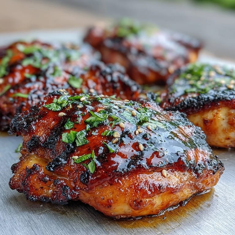 Grilled honey sriracha chicken thighs on a platter, smoky and glossy, perfect for a summer cookout.