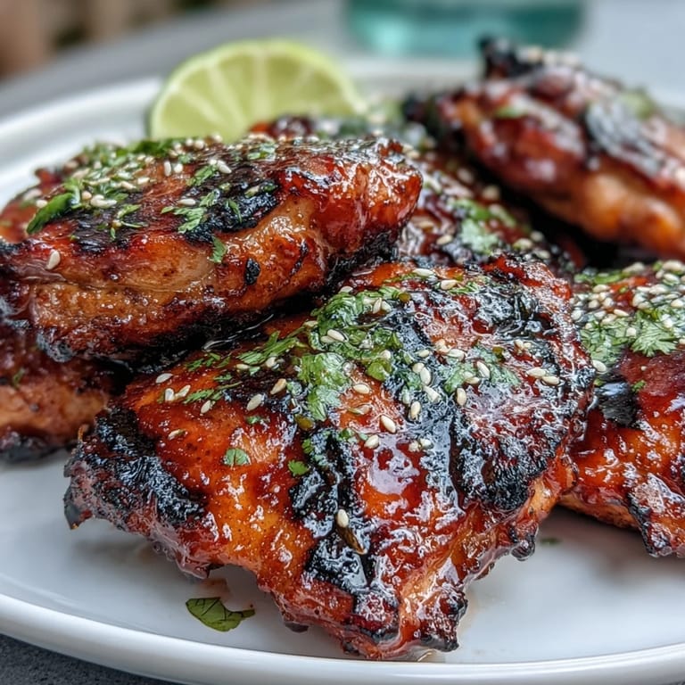 Close-up of honey sriracha chicken thighs with sesame seeds and cilantro garnish, served with lime wedges.  