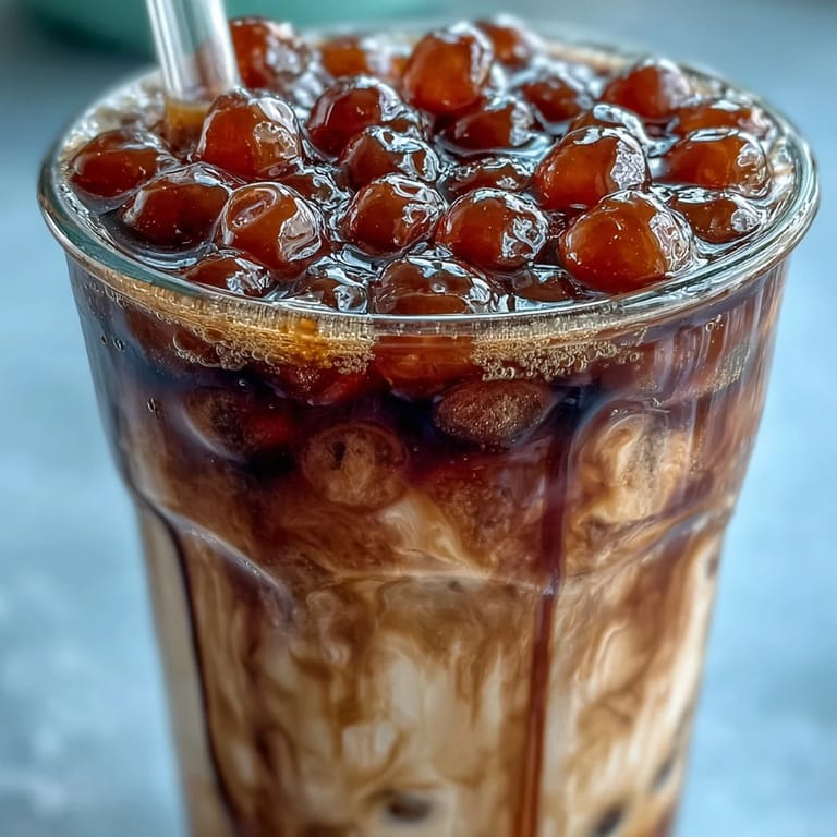 Homemade Brown Sugar Boba Milk Tea showcasing tender tapioca pearls swimming in syrup.