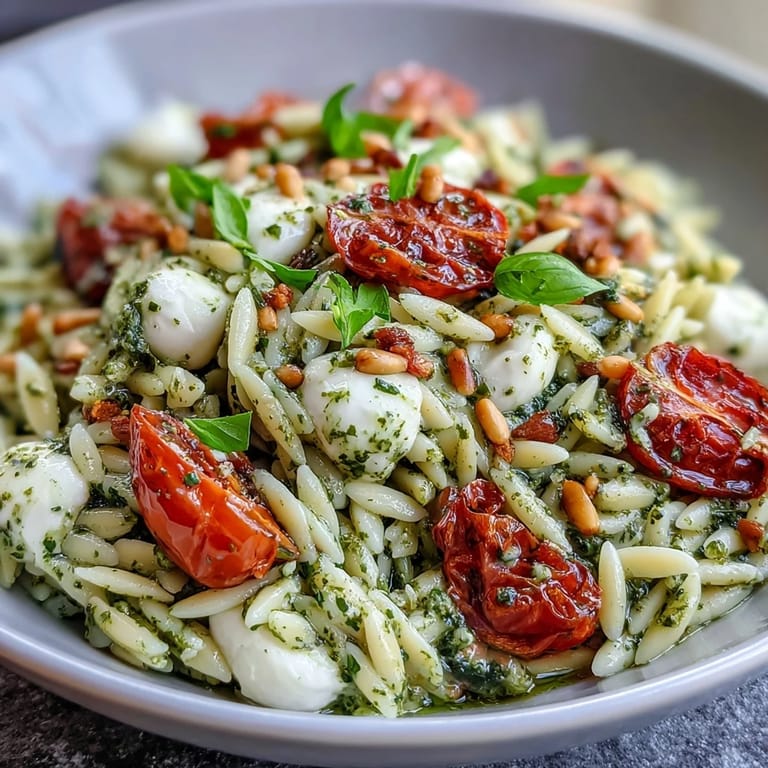 Ready-to-eat, refreshing cold pesto orzo salad filled with bright flavors and creamy cheese.