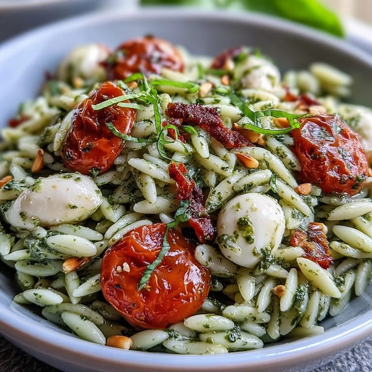 Tender orzo pasta salad coated in basil pesto, spotlighting fresh mozzarella and tomatoes.