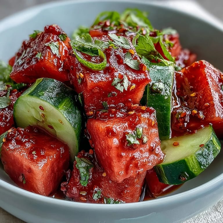 Refreshing Tajin lime watermelon cucumber salad, perfect summer side dish.