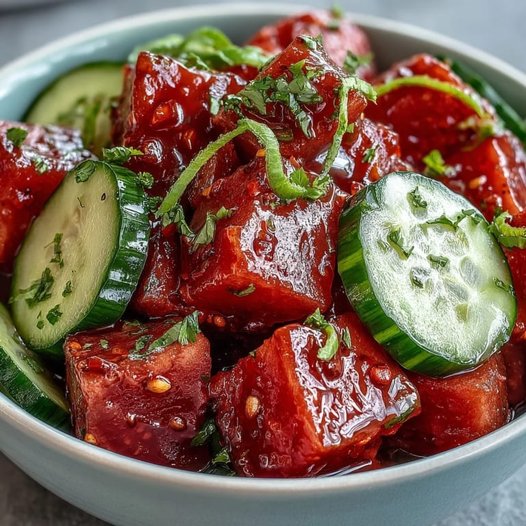Juicy watermelon cucumber salad drizzled with lime and sprinkled Tajin.