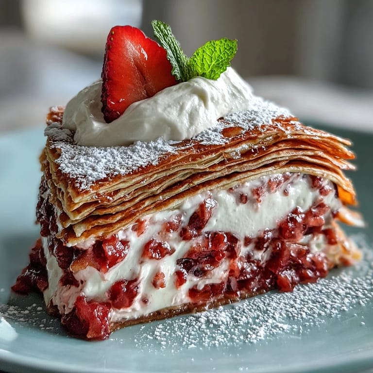 Luscious strawberry mascarpone fills this elegant Mother's Day Crêpe Cake, ready for slicing.