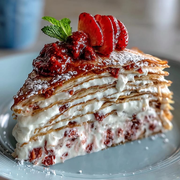 Delicate Mother's Day Crêpe Cake featuring creamy strawberry mascarpone and sweet berry garnish.