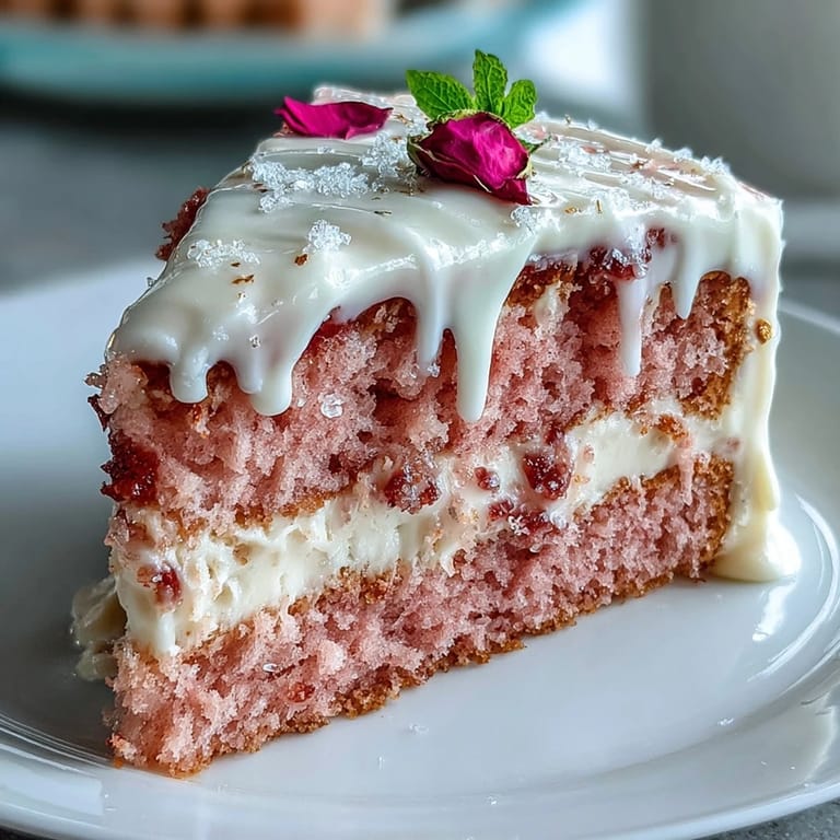 Rosé velvet cake with smooth buttercream, dripping with shimmering gold, perfect for a romantic celebration.