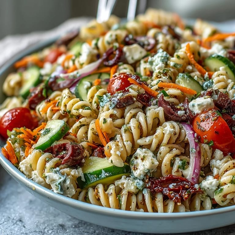 Vibrant Memorial Day Pasta Salad, perfectly dressed and ready for your picnic table.