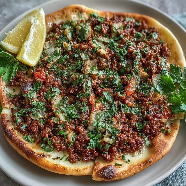 Delicious Turkish Lahmacun Pizza topped with vibrant ground lamb and fresh herbs.