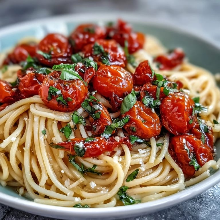 Vibrant cherry tomato confit pasta, rich garlic oil coating al dente noodles, garnished with basil.