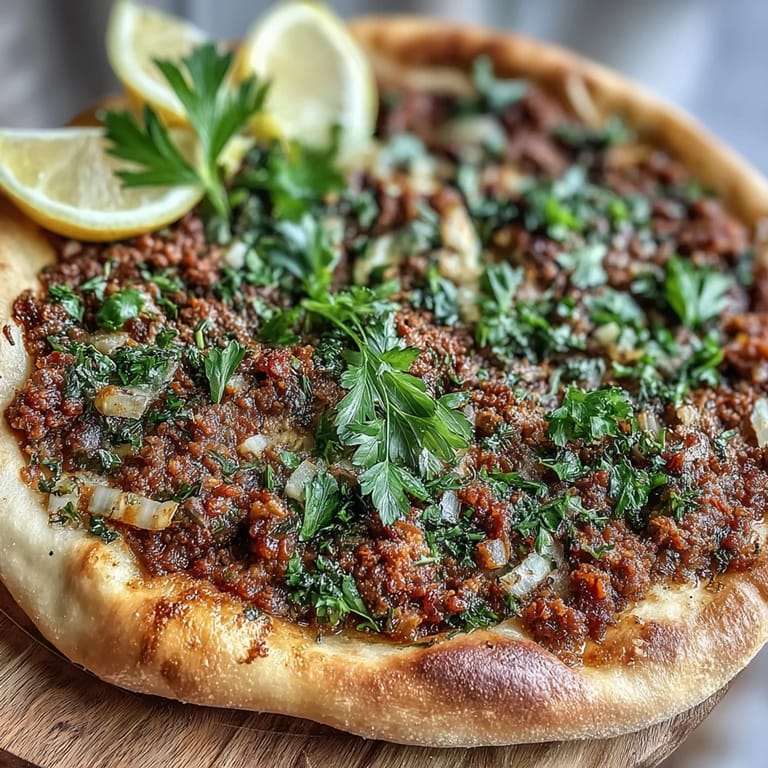 Enjoy a slice of hot Turkish Lahmacun Pizza, its thin crust golden brown.