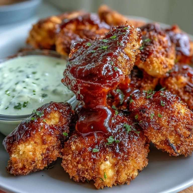 Oven-baked BBQ cauliflower wings, a delicious appetizer with homemade ranch.
