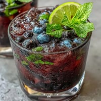 A vibrant Black Currant Mojito cocktail in a tall glass, filled with crushed ice, fresh mint leaves, and garnished with a lime wedge and dark berries.