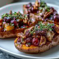Golden-brown roasted Cranberry Apple Twice Baked Sweet Potatoes, filled with caramelized apples, tart cranberries, and toasted pecans, garnished with fresh thyme.